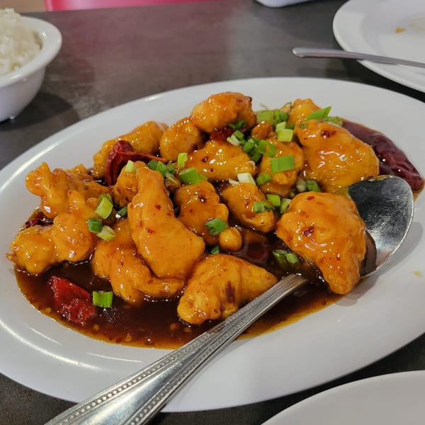 Mei Hon Chinese Restaurant's orange chicken, garnished with green onions and red chili, served with rice.