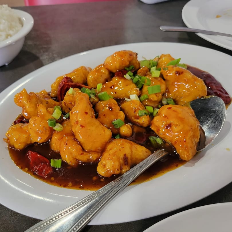 Mei Hon Chinese Restaurant's orange chicken, garnished with green onions and red chili, served with rice.